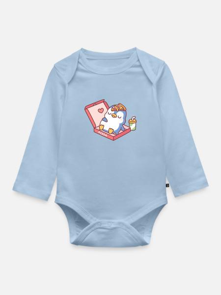 Süßer blauer Pinguin vom Pizzaessen lustig - Baby Bio-Langarm-Body - Hellblau