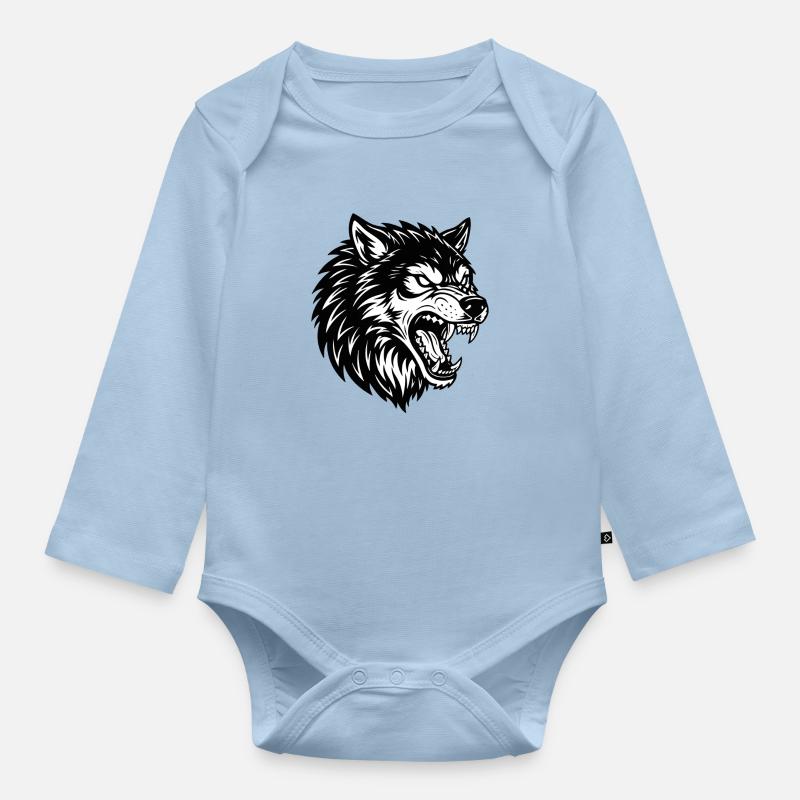 Wolf Schwarz-Weiß Wolf Alpha Maskottchen-Logo - Baby Bio-Langarm-Body - Hellblau