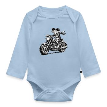 Frog on Motorcycle Black and White - Organic Longsleeve Baby Bodysuit - light blue - Front
