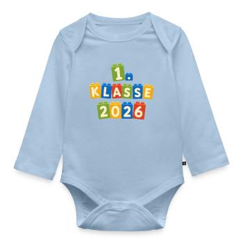 1 Klasse 2026 – Bunte Bausteine - Baby Bio-Langarm-Body - Hellblau - Vorne