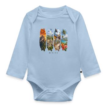 Voyage de vacances en Haïti – Culture caribéenne et motif paysager - Body Bébé bio manches longues - bleu clair - Devant