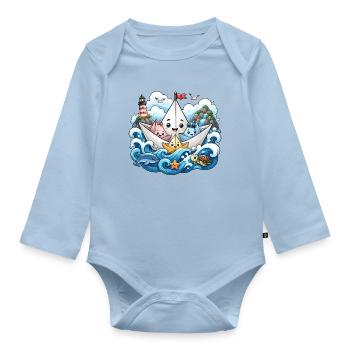 Paper Boat Sea Adventure - Organic Longsleeve Baby Bodysuit - light blue - Front