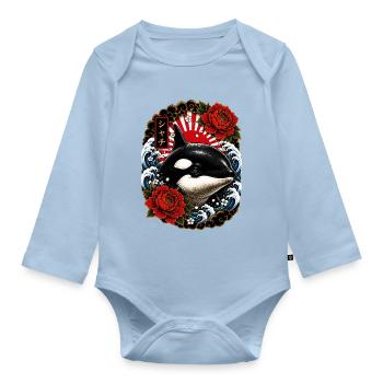 Orca im japanischen Irezumi Tattoo Stil - Baby Bio-Langarm-Body - Hellblau - Vorne