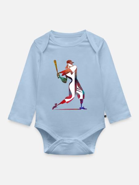 Farbiger Baseballspieler: Dynamischer Schwung - Baby Bio-Langarm-Body - Hellblau