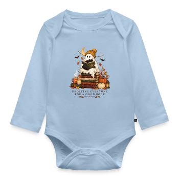 Halloween Geist mit Katze für Buch Liebhaber - Baby Bio-Langarm-Body - Hellblau - Vorne
