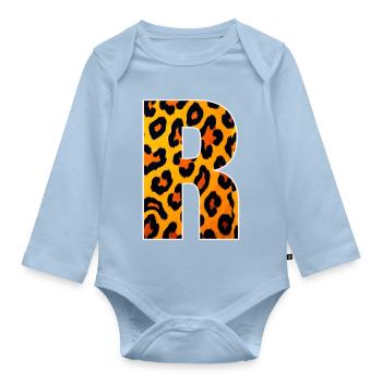 Leopard_Buchstabenmuster_-_R - Baby Bio-Langarm-Body - Hellblau - Vorne