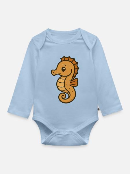 Niedliches Cartoon-Seepferdchen – Ocean Buddy - Baby Bio-Langarm-Body - Hellblau