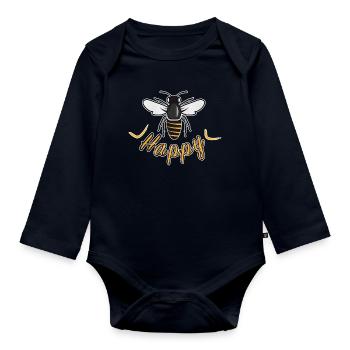 Abeille heureuse avec l’inscription « Happy » - Body Bébé bio manches longues - bleu marine - Devant