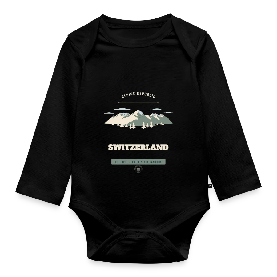 Switzerland badge on a organic longsleeve baby bodysuit, black
