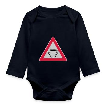 Vorsicht Schild Windel - Baby Bio-Langarm-Body - Navy - Vorne