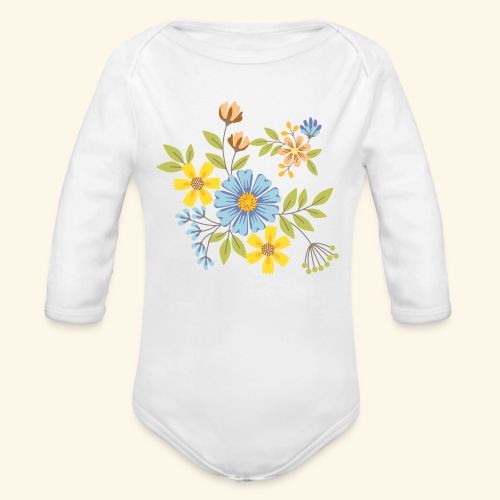 Blue Cream and Yellow FLOWERS - Body orgánico de manga larga para bebé