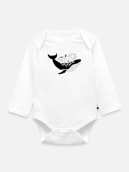 Wal mit Fischen und Möwen maritime Illustration - Baby Bio-Langarm-Body - Weiß