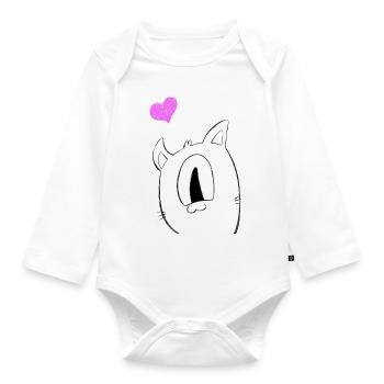 Single-in-cat black and white with pink heart - Organic Longsleeve Baby Bodysuit - white - Front