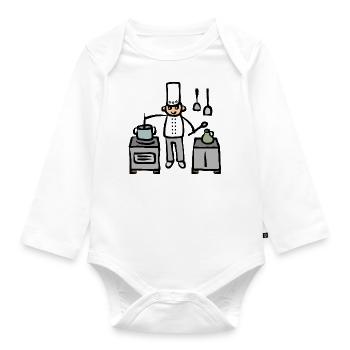 Cook in the kitchen at the stove while cooking - Organic Longsleeve Baby Bodysuit - white - Front