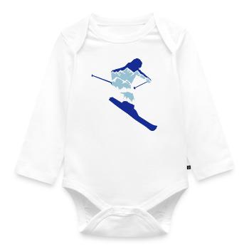 Skier and mountain silhouette - skiing, skiing - Organic Longsleeve Baby Bodysuit - white - Front