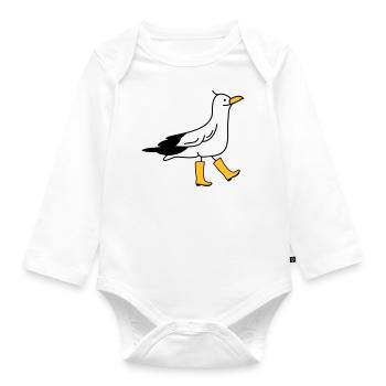 Funny seagull with rubber boots - Organic Longsleeve Baby Bodysuit - white - Front