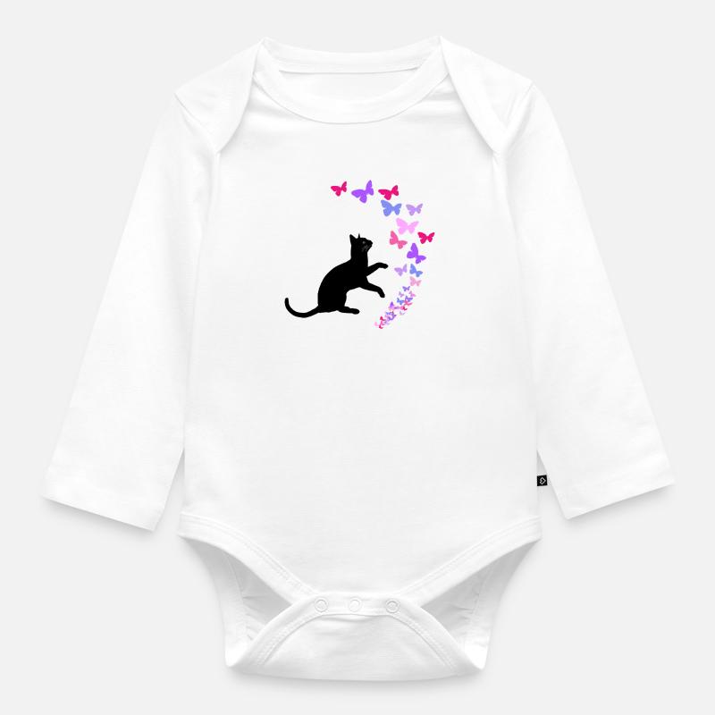 Chat noir et conception de papillons colorés - Body Bébé bio manches longues - blanc
