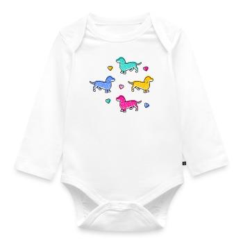 BUNTE DACKEL, DACHSHUND MIT HERZEN - Baby Bio-Langarm-Body - Weiß - Vorne