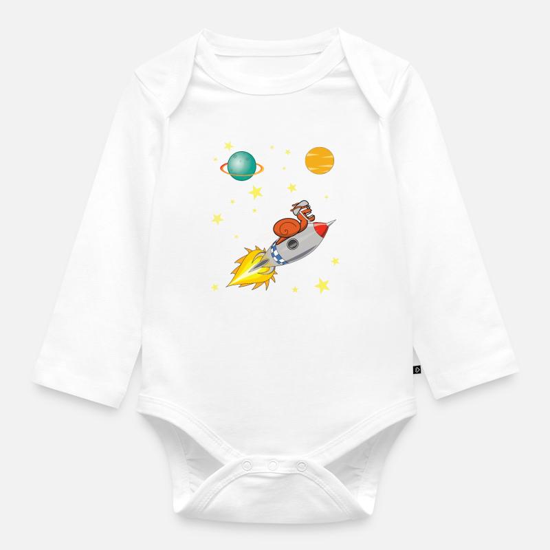 Escargot avec fusée voyageant dans l'espace - Body Bébé bio manches longues - blanc