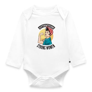 ATTENTION STRONG WOMEN Powerfrauen Frauenpower - Baby Bio-Langarm-Body - Weiß - Vorne