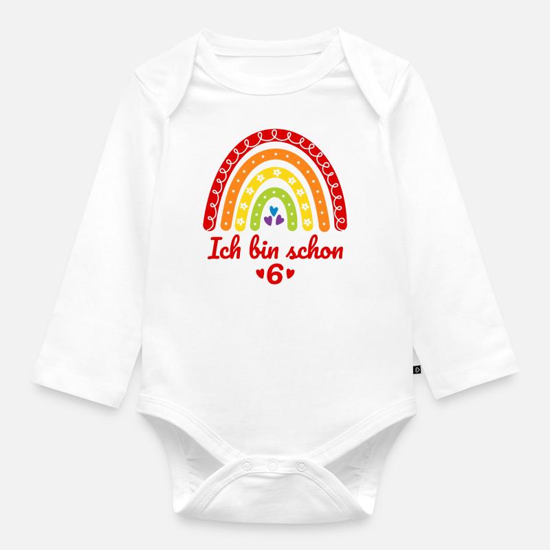 6. Geburtstag Mädchen Regenbogen Ich bin schon 6 - Baby Bio-Langarm-Body - Weiß