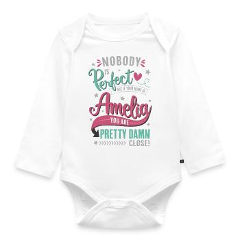 Amelia Name – Nobody is perfect - Name Day Gift - Organic Longsleeve Baby Bodysuit - white - Front