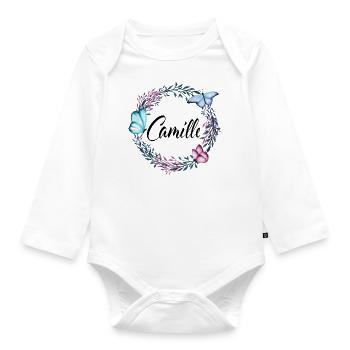 Camille, nom, lettrage, couronne de fleurs, cadeau - Body Bébé bio manches longues - blanc - Devant