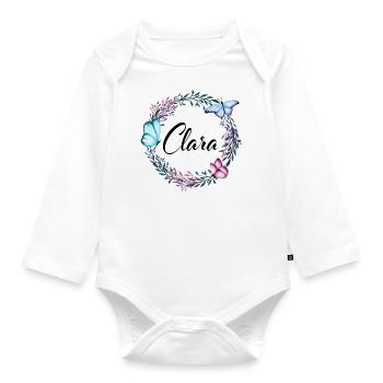 Clara, nom, lettrage, couronne de fleurs, cadeau - Body Bébé bio manches longues - blanc - Devant
