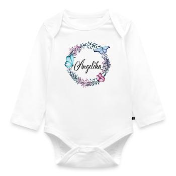 Angelika, Name, Schriftzug, Blumenkranz, Geschenk - Baby Bio-Langarm-Body - Weiß - Vorne