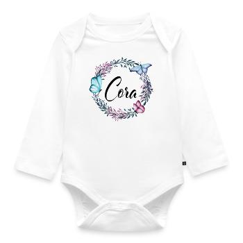 Cora, Name, Schriftzug, Blumenkranz, Geschenk - Baby Bio-Langarm-Body - Weiß - Vorne