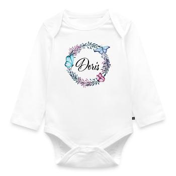 Doris, nom, lettrage, couronne de fleurs, cadeau - Body Bébé bio manches longues - blanc - Devant