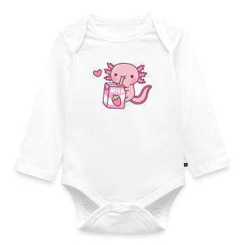 Cute Axolotl Loves Strawberry Milk Doodle - Organic Longsleeve Baby Bodysuit - white - Front