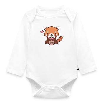 Cute Little Red Panda Loves Bubble Tea - Organic Longsleeve Baby Bodysuit - white - Front