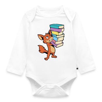 Cartoon Fuchs mit Bücherstapel - Bücherwurm - Baby Bio-Langarm-Body - Weiß - Vorne