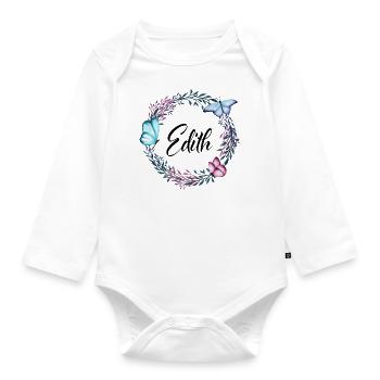 Edith, Name, Schriftzug, Blumenkranz, Geschenk - Baby Bio-Langarm-Body - Weiß - Vorne