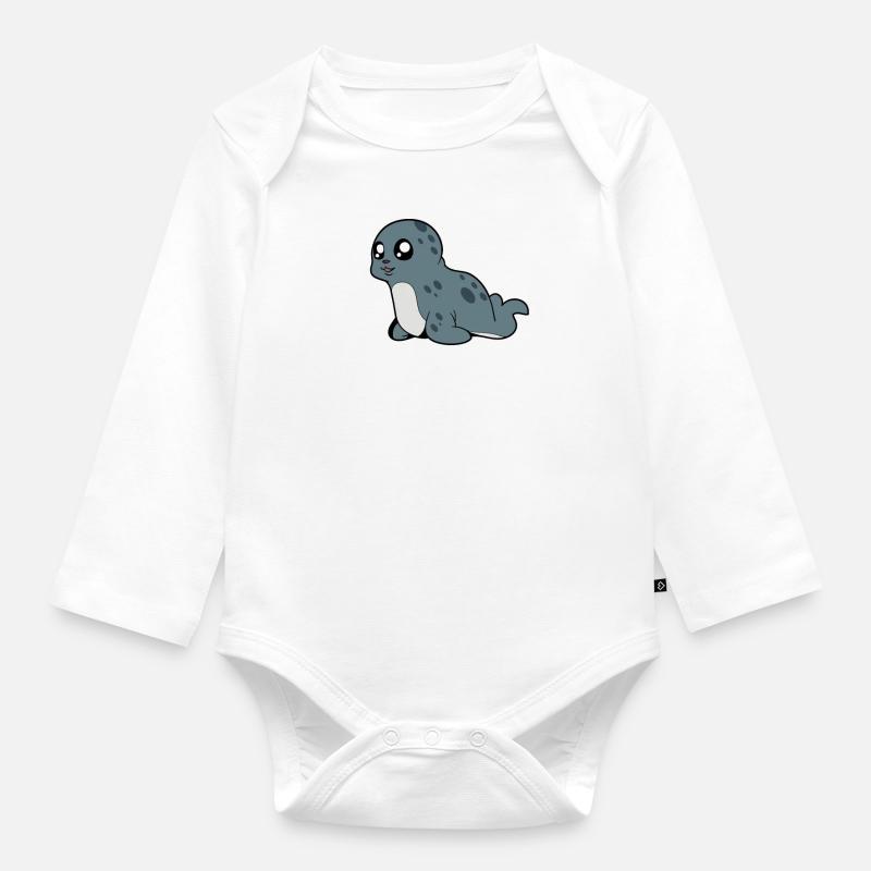 Phoque gris kawaii - Body Bébé bio manches longues - blanc