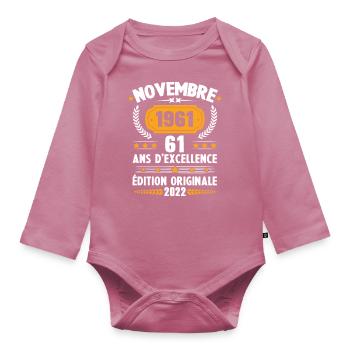 Cadeau D'anniversaire Rétro 61 Ans Novembre 1961 - Body Bébé bio manches longues - mauve - Devant