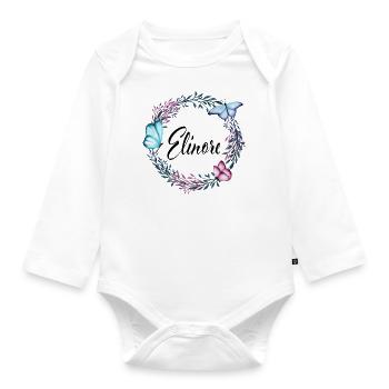 Elinore, nom, lettrage, couronne de fleurs, cadeau - Body Bébé bio manches longues - blanc - Devant