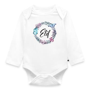 Elif, Name, Schriftzug, Blumenkranz, Geschenk - Baby Bio-Langarm-Body - Weiß - Vorne