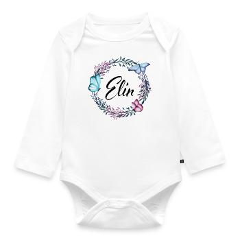 Elin, Name, Schriftzug, Blumenkranz, Geschenk - Baby Bio-Langarm-Body - Weiß - Vorne