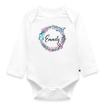 Emmely, nom, lettrage, couronne de fleurs, cadeau - Body Bébé bio manches longues - blanc - Devant