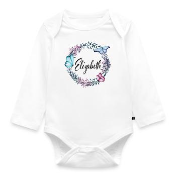 Elizabeth, Name, Schriftzug, Blumenkranz, Geschenk - Baby Bio-Langarm-Body - Weiß - Vorne