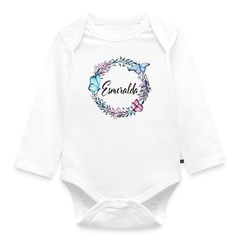 Esmeralda, nom, lettrage, couronne de fleurs, cade - Body Bébé bio manches longues - blanc - Devant