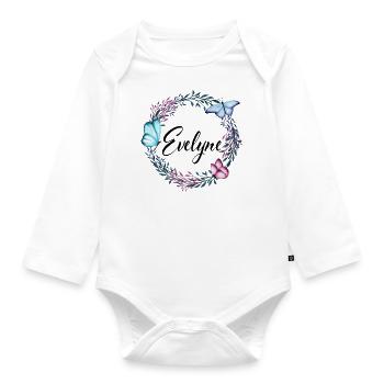 Evelyne, Name, Schriftzug, Blumenkranz, Geschenk - Baby Bio-Langarm-Body - Weiß - Vorne