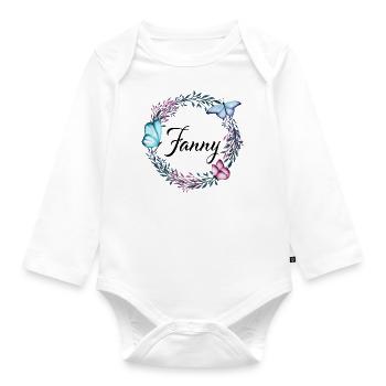 Fanny, nom, lettrage, couronne de fleurs, cadeau - Body Bébé bio manches longues - blanc - Devant