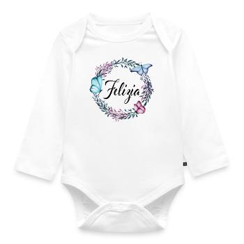 Felizia, Name, Schriftzug, Blumenkranz, Geschenk - Baby Bio-Langarm-Body - Weiß - Vorne