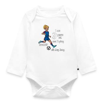 Une fille tire au football - J’ai 3 ans - Body Bébé bio manches longues - blanc - Devant