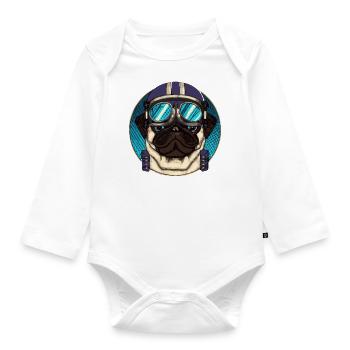 Retro-Mops-Pilot Hund Puppy - Baby Bio-Langarm-Body - Weiß - Vorne