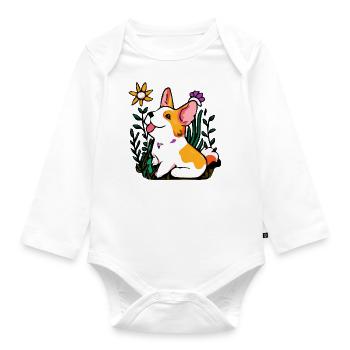 Corgi mit Pflanzen und Blumen Hund Geschenk Puppy - Baby Bio-Langarm-Body - Weiß - Vorne