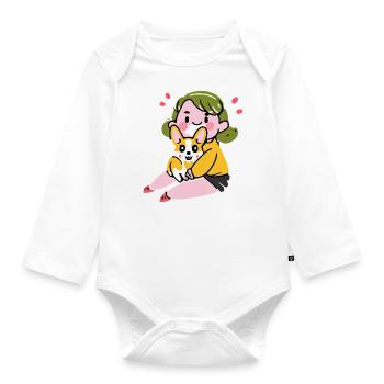 Fille avec Corgi Cartoon Dog Gift Puppy - Body Bébé bio manches longues - blanc - Devant